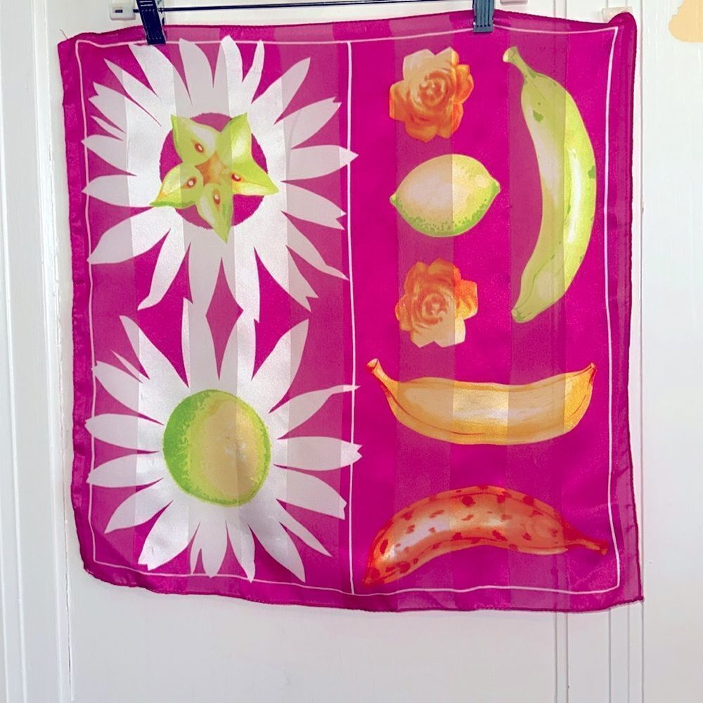 Bright pink, green, orange,‎ yellow, white fruit & floral square polyester scarf